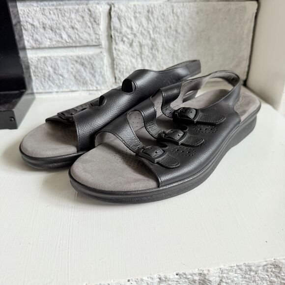 SAS Womens Size 8.5 Wide Trio II Black Open Toe Buckle Slingback Comfort Sandals - Picture 1 of 6